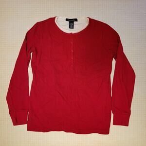 Denim & Co. Red Henley Thermal Top, Long Sleeve Waffle Knit Layered Women's XS